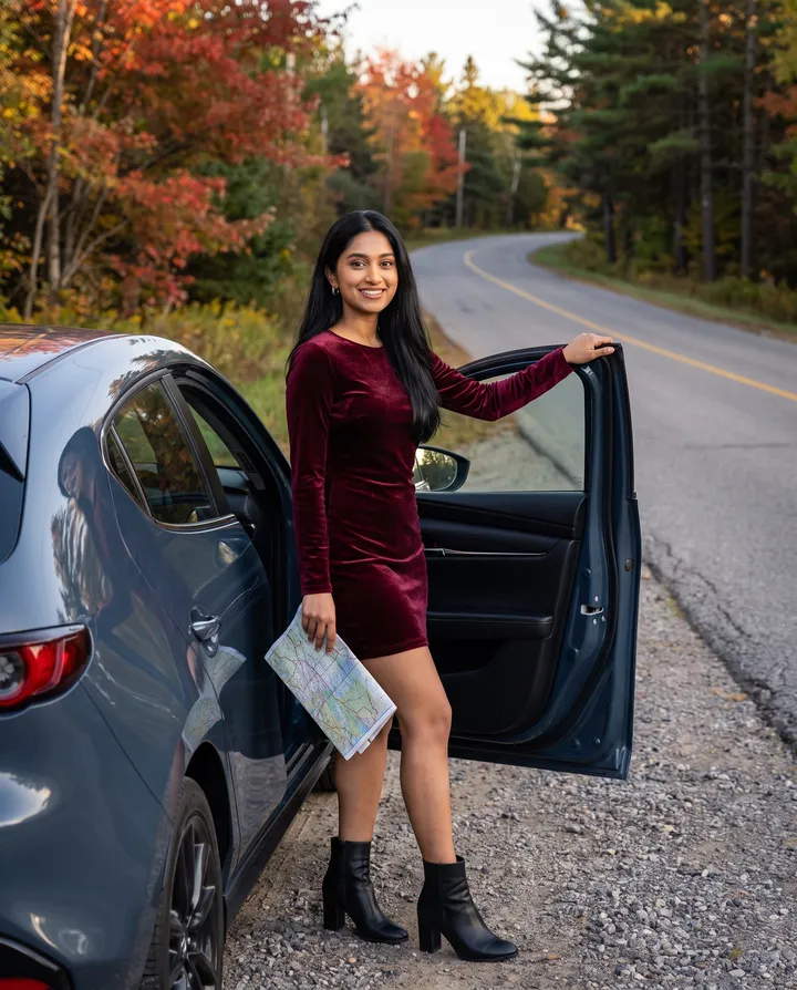 Generated image: the guide's character stands beside the open door of a dark-blue car on the shoulder of a quiet country road lined with autumn maples, holding a folded paper map.