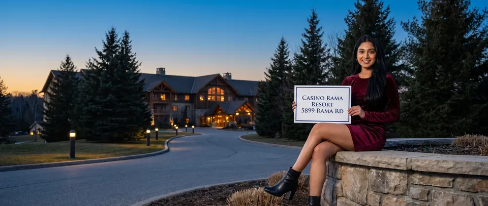 Generated image: a young woman with long black hair in a burgundy velvet mini dress sits on a low stone wall beside a curving resort driveway at dusk, holding a white card that reads CASINO RAMA RESORT, 5899 RAMA RD.